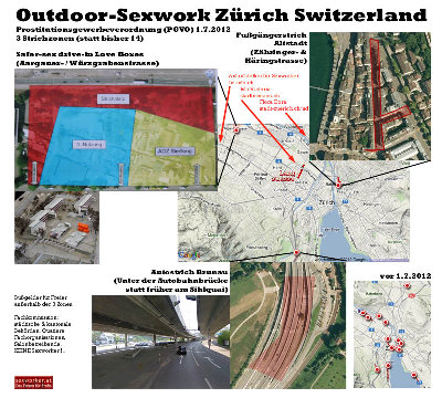 Die 3 erlaubten Outdoor Strichplätze in Zürich ab 1.7.2012 und Lage der<br />Anlaufstellen