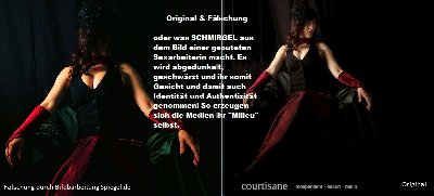 Screenshot-Vergleich des veröffentlichten nachbearbeiteten Fotos in der Ausgabe von Spiegel-online und dem von Carmen freigegebenen Orginal auf ihrer Website. <br />(Nur Größe angepaßt und nebeneinander gelegt, keine Farbkorrekturen.)